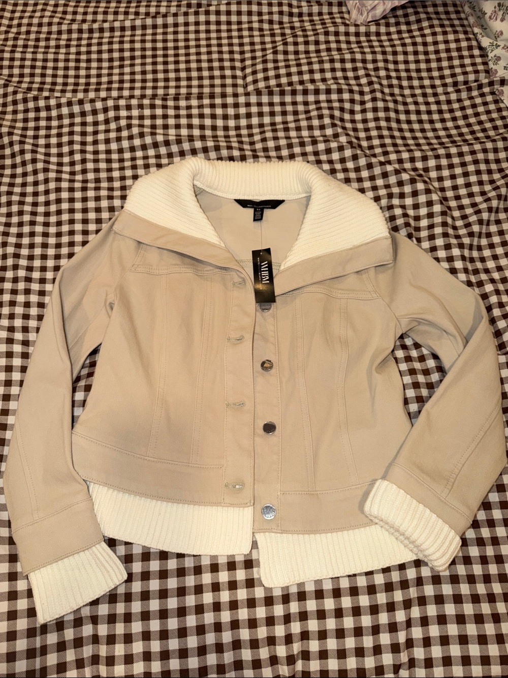 White House Black Market Beige Jean Jacket with Cream Ribbed Trim